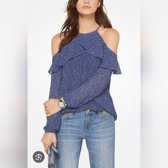 Michael Kors Blue Floral Ruffled Peekaboo Blouse - Picture 1 of 9